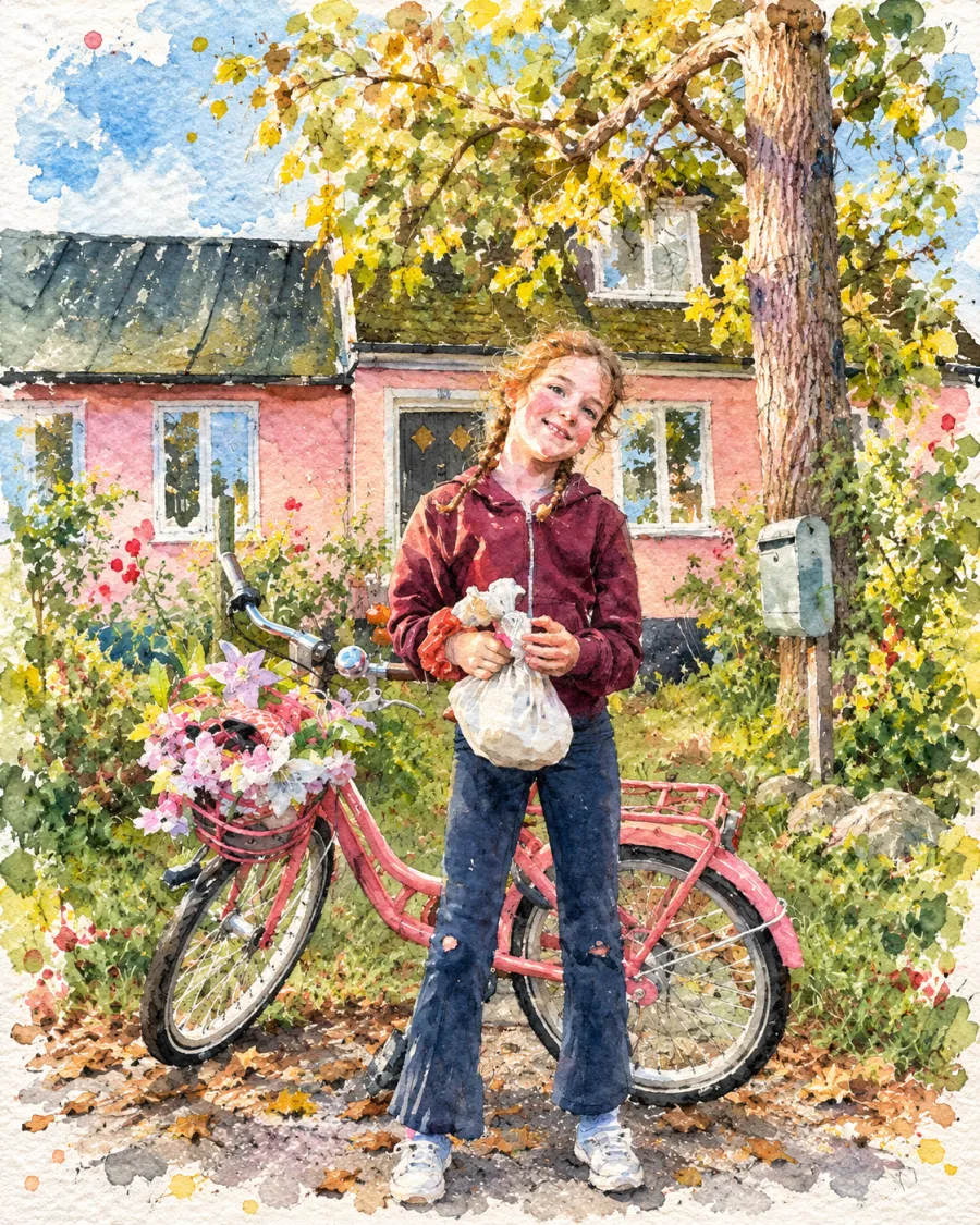 Solvej med fletninger og rød hættetrøje står med en pose varme boller foran det lyserøde hus, ved siden af sin lyserøde cykel med blomster i kurven